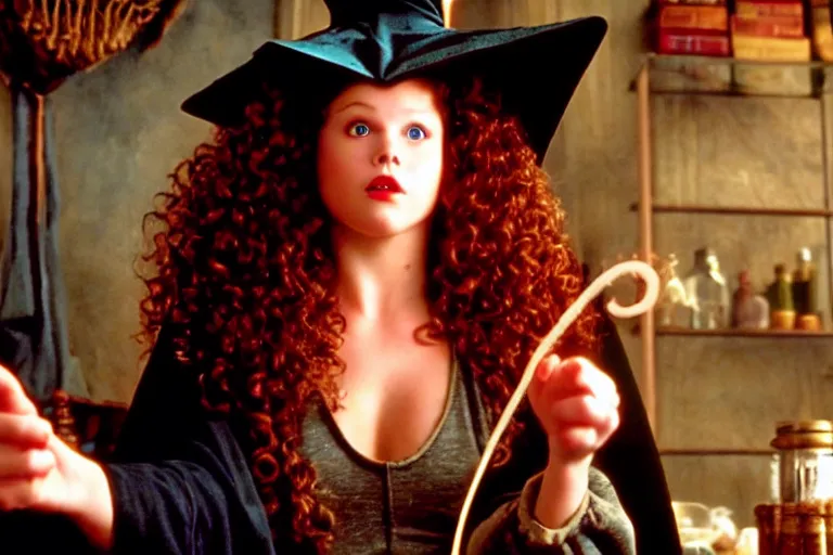 Prompt: hclose up portrait, dramatic lighting, teen witch calmly pointing a magic wand casting a spell over a large open book on a table with, curly hair, cat on the table in front of her, sage smoke, a witch hat cloak, apothecary shelves in the background, still from the movie hook