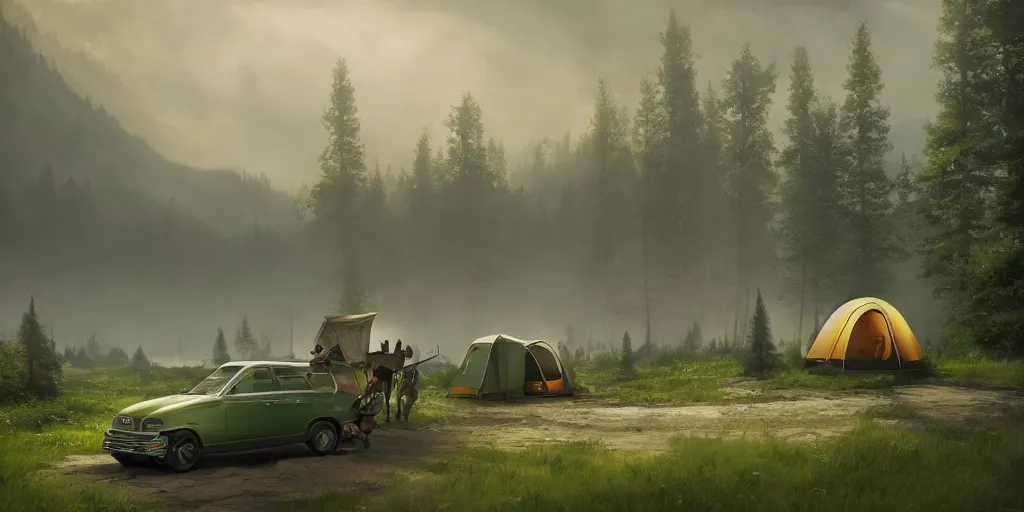 Image similar to knight camping next to green car, elegant scene, low angle, wide angle, indian forest, wide angle, cinematic, ultrarealistic, trending on artstation, cgsociety, highly detailed, color graded, rendered in unreal engine 4 k hq, matte painting, by simon stalenhag and hudson river school, horizon forbidden west