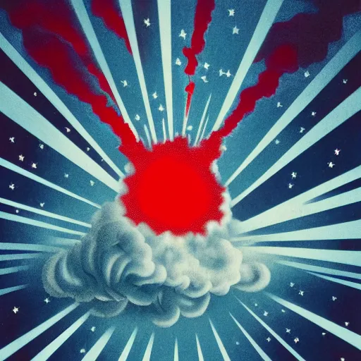 Image similar to red, white and blue nuclear explosion over a city on the fourth of july in the style of m. c. escher, junji ito and beeple, patriotic, mushroom cloud, american flag, 8 k resolution