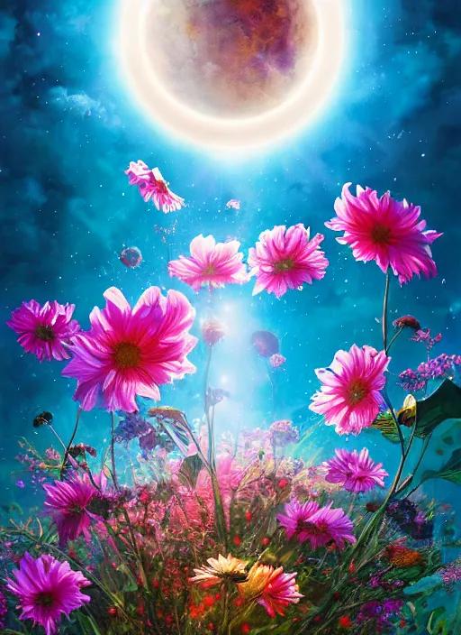 Image similar to An epic fantastic realism comic book style painting of the most beautiful flowers launched into space, bouquets, solar eclipse, fisheye, unreal 5, DAZ, hyperrealistic, octane render, dynamic lighting