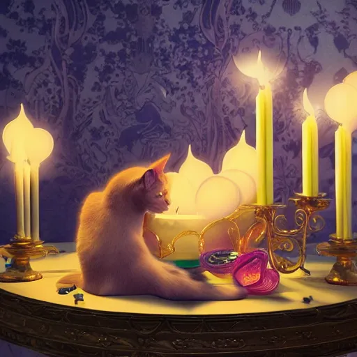 Prompt: candles and cats, art nouveau, by rachel ruysch and lisa frank, 8 k, sharp focus, octane render