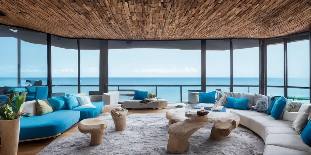 Image similar to a modern hi tech living room in a ocean hues style next to a big terrace overlooking the ocean, a luxurious wooden coffee table with large seashells on top in the center, inspired by the ocean, calm, relaxed style, harmony, wide angle shot, 8 k resolution, ultra detailed