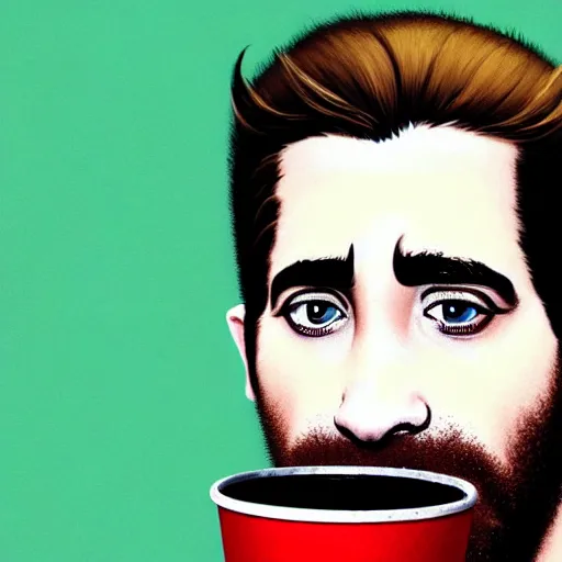 Image similar to jake gyllenhaal's face fused with a millshake cup with a red and white staw ( ( white milkshake jake gyllenhaal face ) ), jake gyllenhaal sentient milkshake, by greg rutkowski