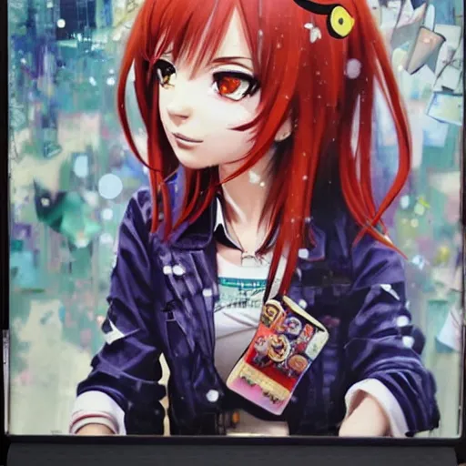 Prompt: maki nishikino from love live school idol project combined with ( gru from despicable me ), painting by sandra chevrier, greg rutkowski, yoji shinkawa, enki bilal, masterpiece, sharp focus