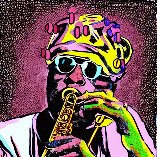 Image similar to miles davis in the style of daniel johnston, 4k