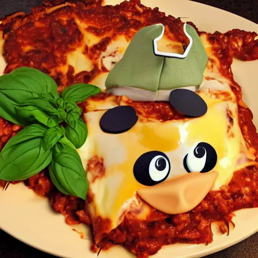 Image similar to cute platypus wearing a chef hat and holding a lasagna with three basil leaves over the lasagna, pixar style, ultradetailed, dramatic