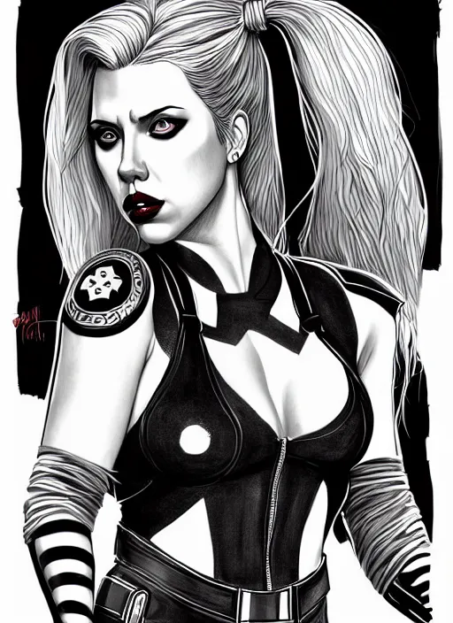 Prompt: symmetry concpet art, full shot, traditional ink, sketch, of scarlet johansson as harley quinn, line sketch, intricate, elegant, highly detailed, monochrome, digital painting, artstation, concept art, sharp focus, illustration, art by borderlands 3 and peter polach