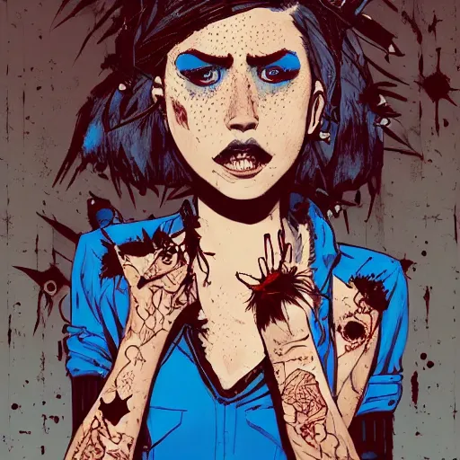 Image similar to Highly detailed portrait of a punk zombie latino young lady with freckles and spikey punk hair by Atey Ghailan, by Loish, by Bryan Lee O'Malley, by Cliff Chiang, was inspired by iZombie, inspired by graphic novel cover art !!!electric blue, brown, black, yellow and white color scheme ((grafitti tag brick wall background))