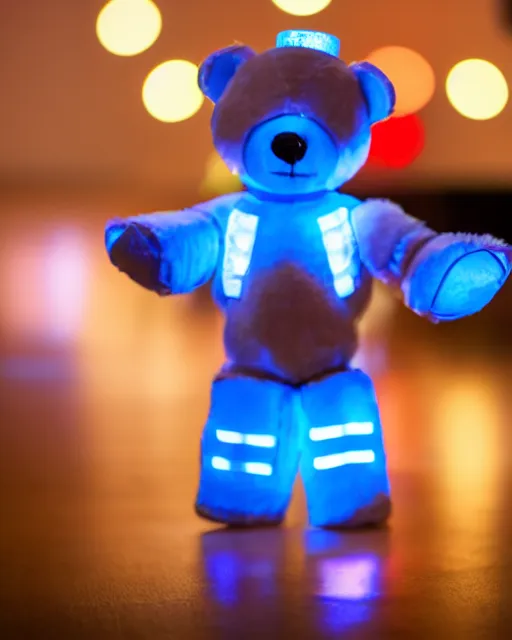 Image similar to high quality presentation night photo of an illuminated cute retro toy robot teddy bear, photography 4k, f1.8 anamorphic, bokeh, 4k, Canon, Nikon