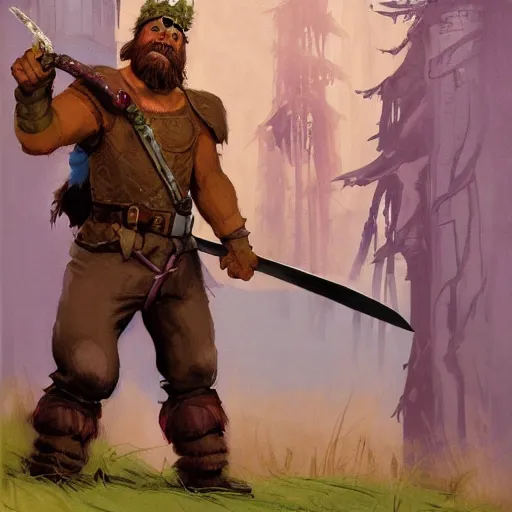 Prompt: hardwon surefoot, hirsute epic level dnd human fighter, wielding a magical sword, wearing magical overalls. thick quads. full character concept art, realistic, high detail digital gouache painting by angus mcbride and michael whelan.