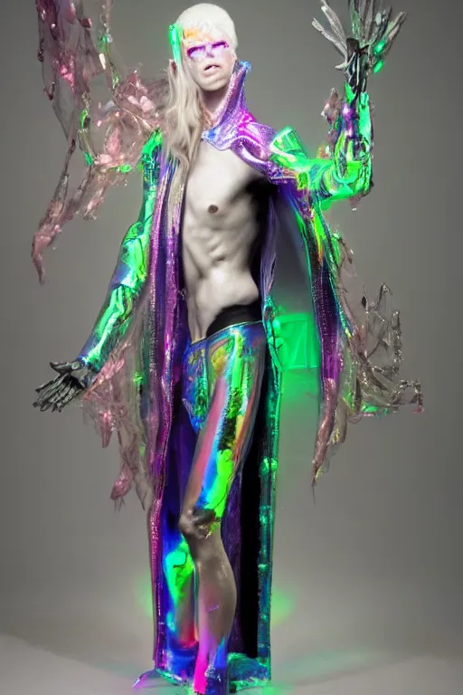 Image similar to full-body photo rococo and cyberpunk delicate neon crystalline sculpture of ((muscular slender albino Italian Prince)) (((con la piroca dura))) as a dark iridescent humanoid deity wearing a thin see-through ((plastic hooded cloak)) sim roupa (holding a human skull), reclining con (((las piernas abiertas))), glowing pink face, crown of (white lasers), large diamonds, swirling black silk fabric. futuristic elements. oozing glowing liquid, full-length view. space robots. intricate artwork by caravaggio. Trending on artstation, octane render, cinematic lighting from the right, hyper realism, photo realistic, octane render, 8k, depth of field, 3D