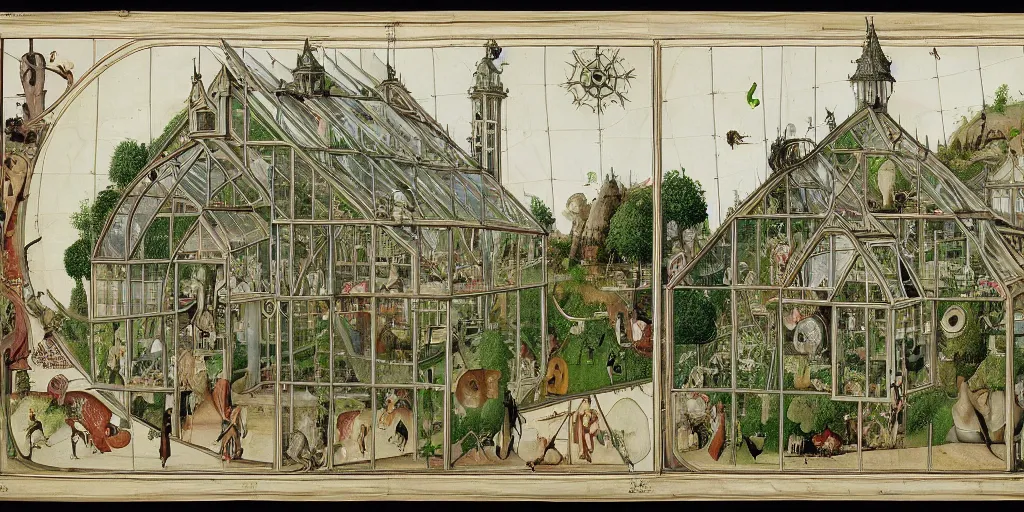 Image similar to greenhouse, side view, cutaway, intricate map diagram, section, insanely detailed, victorian style, hieronymus bosch, 8 k