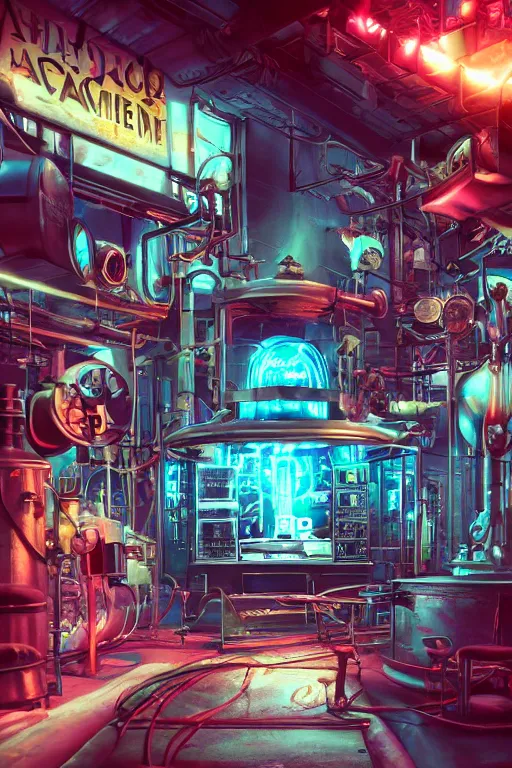 Prompt: wide angle on mad steampunk laboratory filled with alchemy equipment, pespective giant neon screens, sci - fi vending machine, art deco, octane render, dynamic light, volumetric light, neon lights, cinematic mood