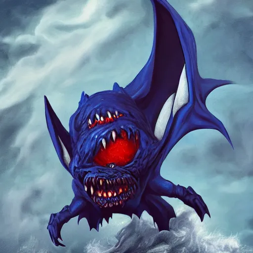 Prompt: detailed full body of scary giant mutant dark blue humanoid anthropomorphic bat, glowing red eyes flying above a stormy ocean, sharp teeth, acid leaking from mouth, realistic, giant, bat ears, bat nose, bat claws, bat wings, furred, covered in soft fur, detailed, 85mm f/1.4