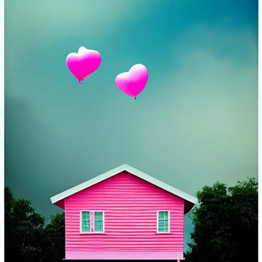 Image similar to dream a 5 0 mm lens photograph of a cute pink floating modern house, floating in the air between clouds, inspired by the movie up, held up from above by heart ballons. mist, playful composition canon, nikon, award winning, photo of the year