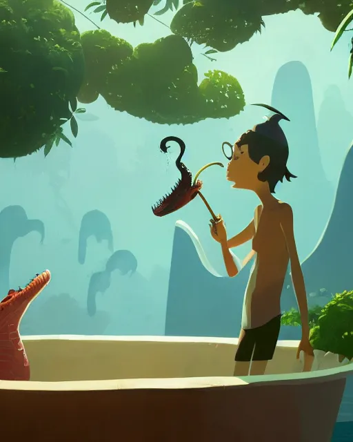 Image similar to a crocodile smoking a pipe while taking a bath in a well with lush vegetation around, cory loftis, james gilleard, atey ghailan, makoto shinkai, goro fujita, character art, rim light, exquisite lighting, clear focus, very coherent, plain background, soft painting