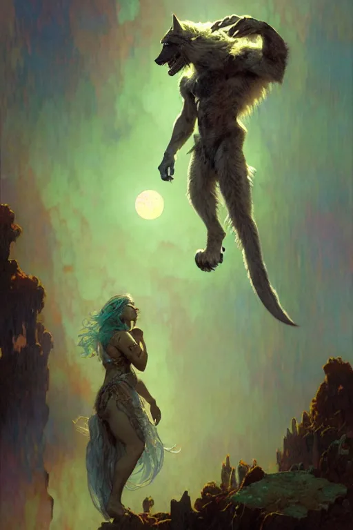 Image similar to pearlescent turquoise moon, wolf monster, character design, painting by gaston bussiere, craig mullins, greg rutkowski, alphonse mucha, trending on artstation