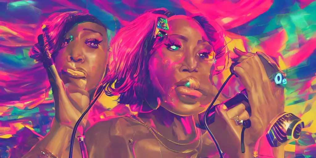 Image similar to lady rapper performing at huge festival holding microphone, epic angle, digital art, vaporwave, psychedelic, surreal, hip hop, trending on Artstation, professional artist, detailed, 4k