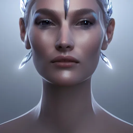 Image similar to a highly detailed digital image of a futuristic elegant woman wrapped with silver leaves, artstation, extremely detailed woman, stunning volumetric lighting, unreal engine 4k, 8k