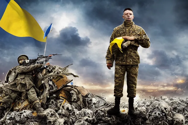 Prompt: promotional illustration of Ukrainian fully equiped soldier with blue and yellow flag standing on a pile of skulls in victory after battle in the new movie directed by <Michael Bay>, <fully equiped professional soldiers>, detailed face, movie still frame, promotional image, imax 70 mm footage