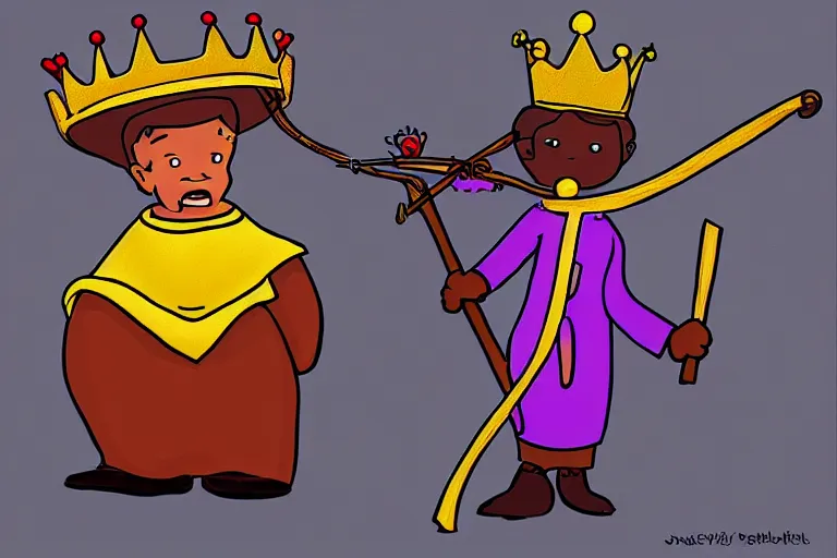 Image similar to cartoon pinto bean holding a staff, wearing kings crown, digital art,