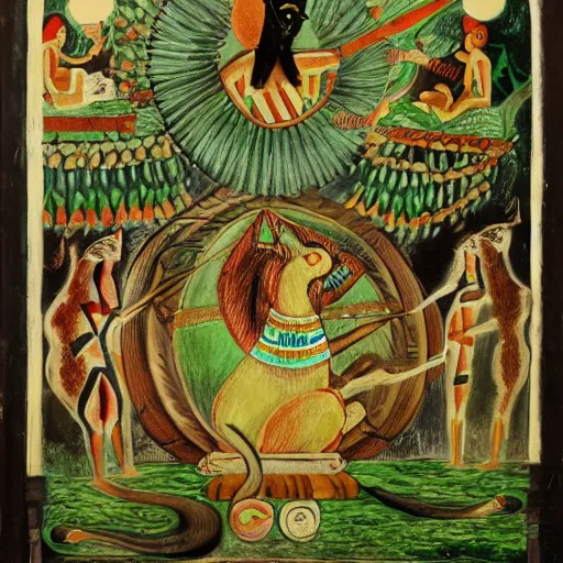 Prompt: egyptian cat god in the style of bosch, surrounded by green flames, gatekeeper of the underworld