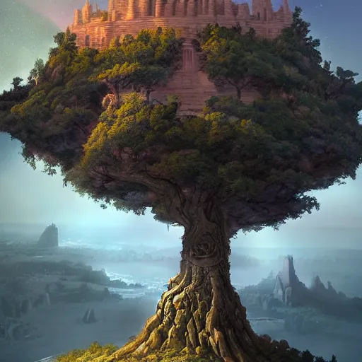 Prompt: gigantic tree on a cliff with ancient city below, above is astral world by quentin mabille