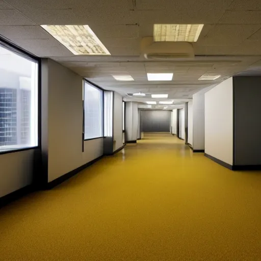 Prompt: an empty office space at night, eerie atmosphere, yellow hue