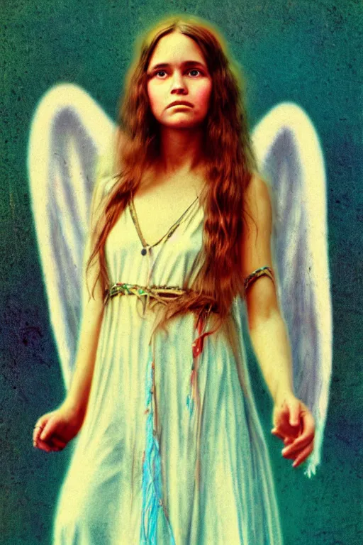 Image similar to old realistic photo of an hippie girl as an angel, photograph, color picture, late 1 9 6 0's, highly detailed, matte, sharp focus, smooth, sharp focus, illustration