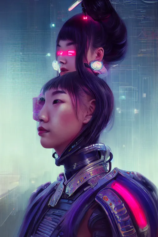 Image similar to portrait futuristic Samurai Girl, in future cyberpunk tokyo rooftop , ssci-fi, fantasy, intricate, very very beautiful, elegant, human anatomy, neon light, highly detailed, digital painting, artstation, concept art, smooth, sharp focus, illustration, art by tian zi and WLOP and alphonse mucha