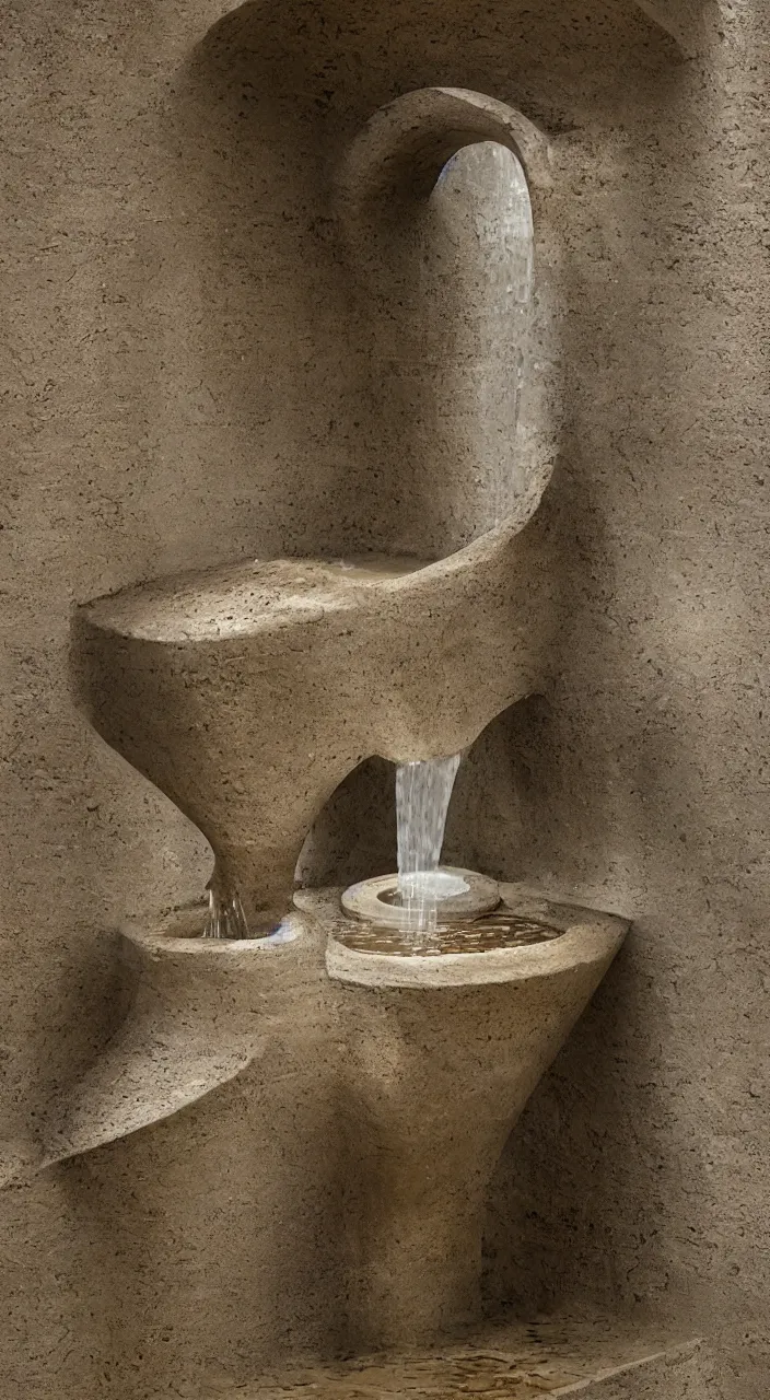 Image similar to a stream of water entering into a machine made from biomorphic amphoras and producing a coin, in the style of a carlo scarpa fountain, architectural photograph, isometric, infrastructure, kidneys, dynamic lighting, clay texture, 8 k