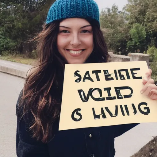 Prompt: attractive woman holding a sign, smiling