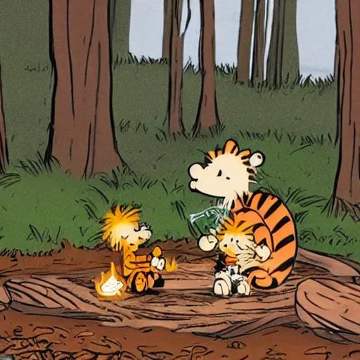 Image similar to Calvin and Hobbes camping in the forest making dinner