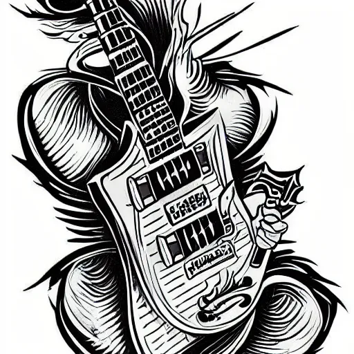 Prompt: tattoo art of Bowser riding a surfboard playing a double neck guitar