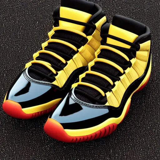 Image similar to jordan 1 1 sneakers. black and gold, bright, colorful, glossy, 3 d, arnold render, vray render, artstation, 4 k, very detailed, post processing