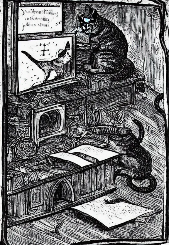 Image similar to [Dark medieval illustration of a cat watching youtube on a computer]