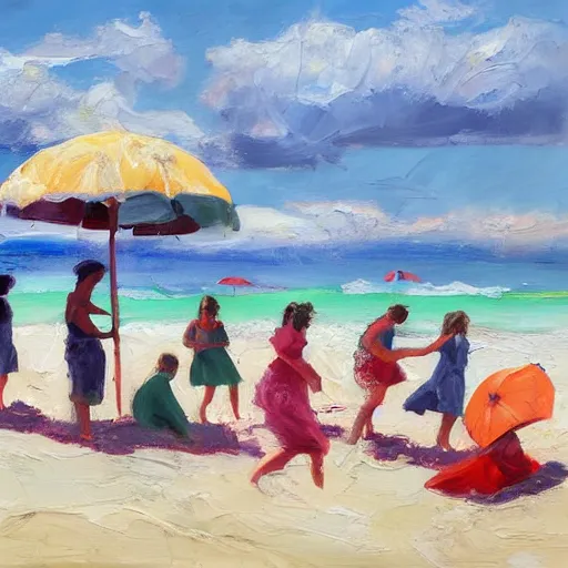 Image similar to a painting of people on a beach with umbrellas, a detailed painting by Emily Mason, featured on tumblr, action painting, detailed painting, oil on canvas, painterly