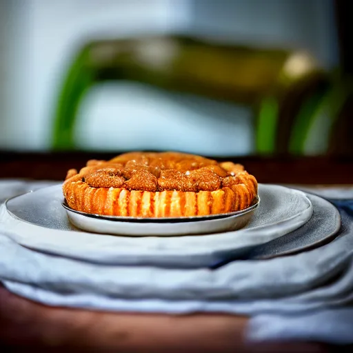 Prompt: Photorealistic close up of a really tasty looking pastry on a plate with a field out of focus in the backgroud 50mm f1.4