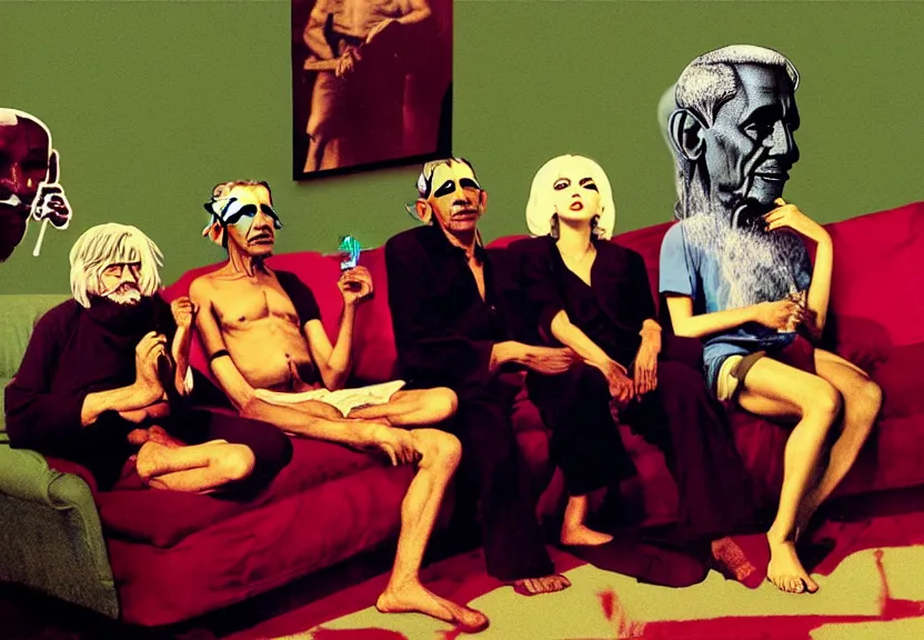 Image similar to smoke session for the ages: Gandhi , Obama, Jesus, And Lady GaGa smoking a fat blunt on a sofa by Andy Warhol, photograph, by Beeple