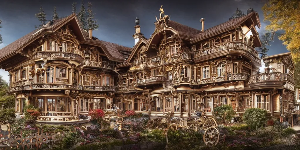 Prompt: Beautiful mechanical Swiss chalet made of intricate watch parts, cogs, gears, gearwheels, levers, jewels, shiny silver, shiny gold, architectural render, futuresynth, by Gabriel Dawe, by Skottie Young, by Jessica Rossier, by Isaac Cordal, Rolex, Breitling, Jacob & Co, Omega, Tag Heur