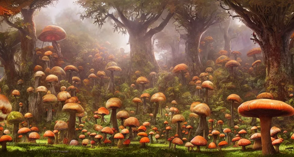 Image similar to A tribal village in a forest of giant mushrooms, by Marc Simonetti