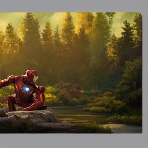 Prompt: a closeup photorealistic photograph of bob ross painting a canvas of iron man. mountains and trees. film still. brightly lit scene. this 4 k hd image is trending on artstation, featured on behance, well - rendered, extra crisp, features intricate detail, epic composition and the style of unreal engine.