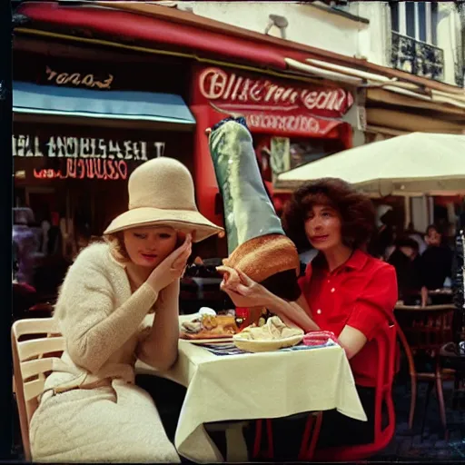 Prompt: professional archival photo of a woman and her friend, a puppet that looks like an enormous baguette, in a sidewalk cafe in paris, wearing berets, 16mm film soft color, earth tones and some color accents 1976, vacation photo, expired film, in style of doris wishman russ meyer, woman looks like sofia loren