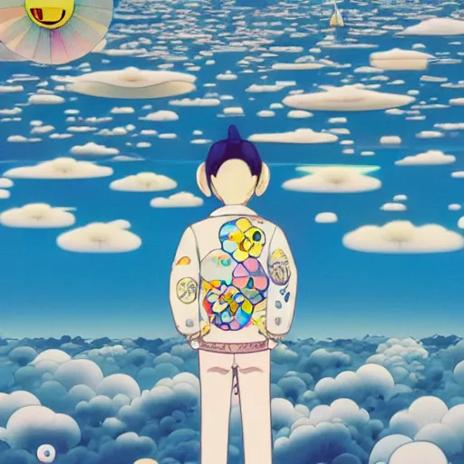 Image similar to a man walking on clouds away from the camera above kyoto by takashi murakami, beeple and james jean, aya takano color style, 4 k, super detailed, modern, 4 k, symmetrical