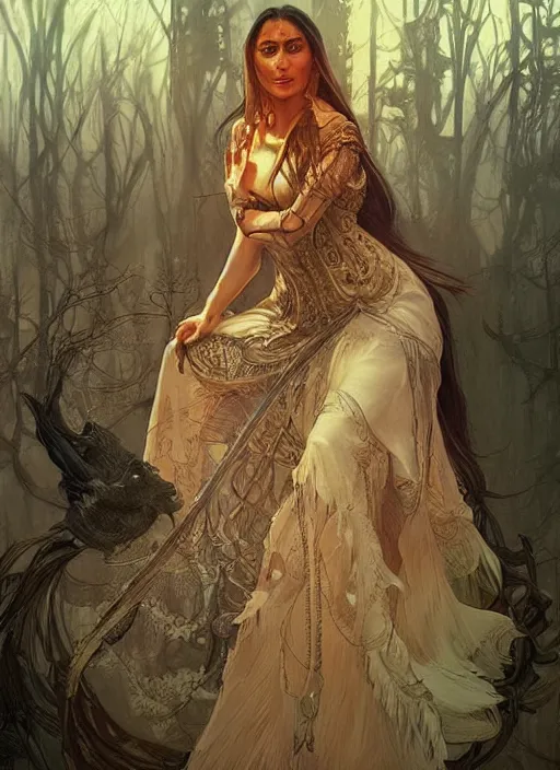 Prompt: beautiful kareena kapoor as baba yaga, fantasy, intricate, elegant, highly detailed, digital painting, artstation, concept art, matte, sharp focus, illustration, art by artgerm and greg rutkowski and alphonse mucha