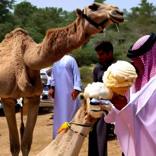 Image similar to camel stealing an ice cream from the hands of a saudi arabian prince