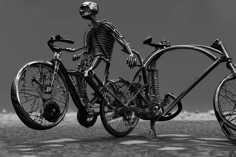 Prompt: man made of bikes, more bike than man, shiney wheels, chrome body, built for speed, 3 5 mm close up photo, in the style of hans ruedi giger, 8 k, octane render, magnificent