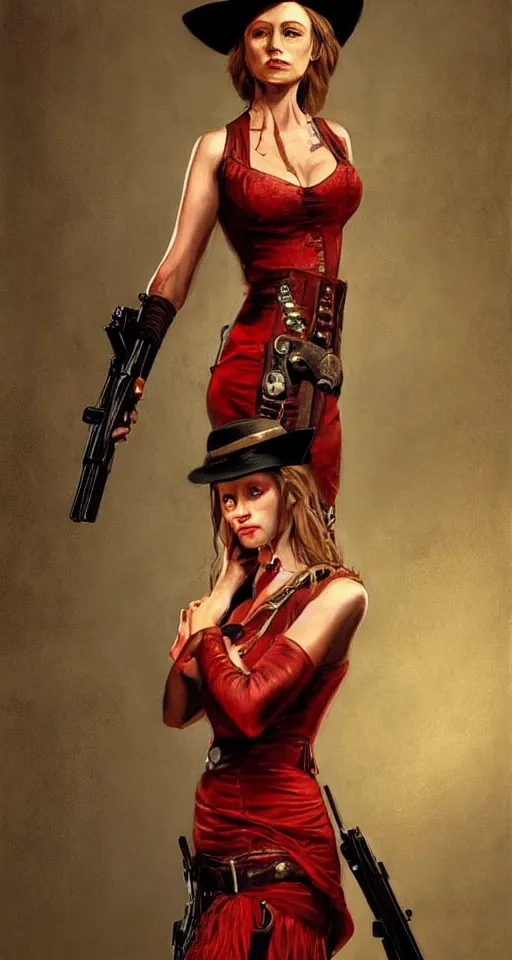 Image similar to a woman in a red wild west dress holding a shotgun, realistic painting by drew struzan, anatomically correct, beautiful, soft lighting, artstation