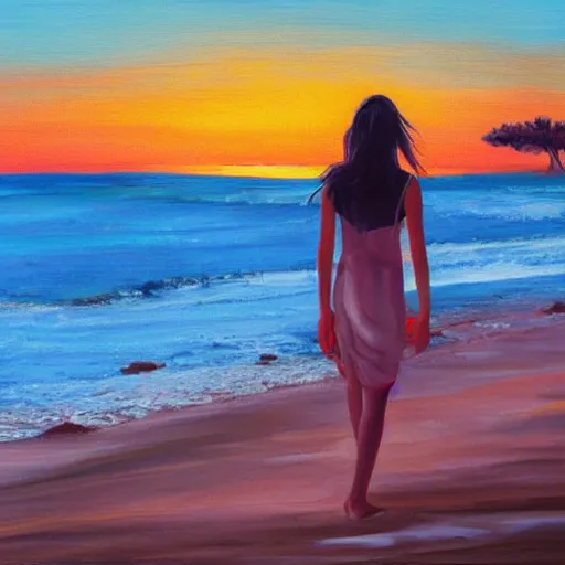 Prompt: lonely young woman wandering a beach at sunset, stylized, oil painting, warm lighting, city skyline