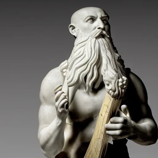 Image similar to epic greek marble statue of a bald man with a long beard playing a marble guitar, photo, chiaroscuro